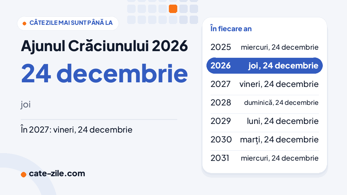 Ajunul Crăciunului 2026: joi, 24 decembrie Când este Ajunul Crăciunului în 2026: joi, 24 decembrie, cu datele din următorii ani